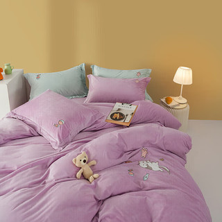 罗莱（LUOLAI）家纺 床上用品慕斯绒四件套床单被套 【床单款】猫咪的【紫色】 1.8米床(220x250cm) 1.8米床(220x250cm) 【床单款】猫咪的【紫色】