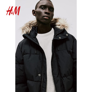 H&M冬季男装标准版型疏水夹棉派克大衣1183117 黑色 175/100A