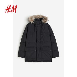 H&M冬季男装标准版型疏水夹棉派克大衣1183117 黑色 175/100A