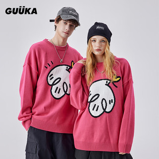 古由卡（GUUKA）xAgaho联名美式复古圆领毛衣男冬 加厚多巴胺针织衫宽松 粉色 XS