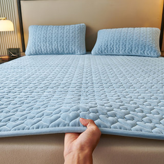森必居秋冬高克重牛奶绒夹棉加厚保暖床褥薄垫子带枕套一对可折叠床护垫 浅蓝 180*200cm