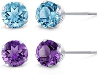 GEM STONE KING 宝石* 925 纯银 4MM 紫色紫水晶和蓝色黄玉耳钉 2 件套, 金属 宝石, 多种
