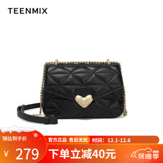 天美意（TEENMIX）包包女包2023时尚小香风菱格包链条包爱心五金单肩包小方包女 黑色