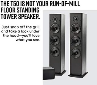 Polk Audio T50 家庭影院落地式音箱，具有深沉低音的高分辨率音频，杜比和 DTS 环绕声 ，150瓦，单声道，黑色