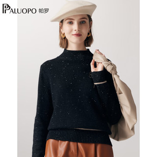 帕罗（PALUOPO）冬羊绒衫女士半高领撞色绣花针织保暖内搭毛衣 23863 黑银豆 100/M