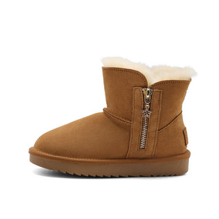 百丽童鞋舒适保暖雪地靴加绒短筒靴T2308D93 棕色 30