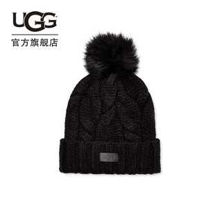 UGG女士舒适保暖毛球针织帽毛线帽麻花纹帽 22589 BLK  黑色