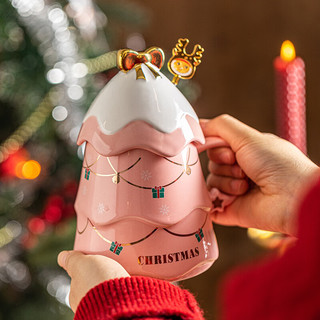 摩登主妇圣诞马克杯创意陶瓷杯子带盖咖啡杯家用高颜值水杯 圣诞杯粉