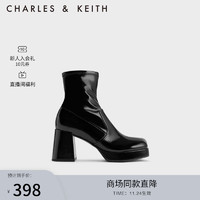 CHARLES & KEITH CHARLES&KEITH;时尚方头粗高跟拉链短靴女CK1-90580177 Black Patent黑色 35