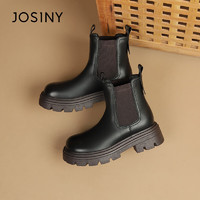 JOSINY 卓诗尼 正装靴女冬季百搭烟筒靴平高跟套脚短筒切尔西靴 黑色 37
