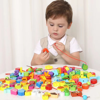 巧可绘 儿童木质100粒动物串珠早教穿线珠子积木玩具游戏玩具