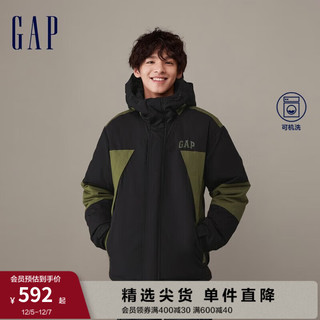 Gap 盖璞 男装冬季2023LOGO拼色连帽羽绒服夹克836121保暖宽松外套 黑色 175/96A(L)亚洲尺码