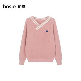 bosie【小花人系列】冬季毛衣女手钩撞色领套头毛衣 粉色 155/80A