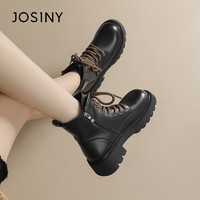 JOSINY 卓诗尼 马丁靴女冬季时尚小皮靴平底中跟系带短筒休闲靴 黑色 36