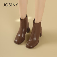 JOSINY 卓诗尼 时装靴女冬季百搭正装靴瘦瘦靴粗跟高跟拉链短筒女靴 黄棕色 35