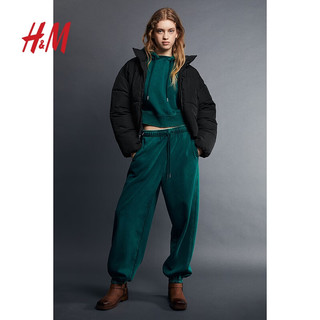 H&M 女装棉服宽松立领保暖舒适柔软拉链短外套1161620 黑色 160/88A