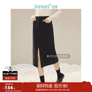 茵曼（INMAN）灯芯绒半身裙冬季女装高腰开衩 暗夜黑 S