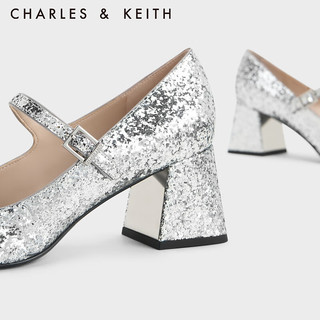 CHARLES&KEITH23冬季CK1-60361486时尚拼接亮片粗跟玛丽珍女 Silver银色 36