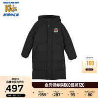 Skechers斯凯奇儿童三防中长款羽绒服保暖男女童外套L423K097 碳黑/0018 120cm