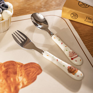 摩登主妇 mototo熊猫可爱不锈钢叉勺套装创意儿童陶瓷卡通叉子勺子 奶油系列勺子
