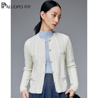 帕罗（PALUOPO）100%女士秋冬毛衣加厚绞花圆领开衫新针织外搭上衣 23318 白色 105/L
