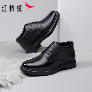 红蜻蜓男鞋2023商务休闲皮鞋男士加绒高帮棉鞋系带通勤皮鞋WTD43123 黑色 43