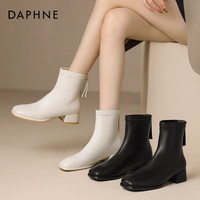 达芙妮(DAPHNE)切尔西短靴女法式高跟粗跟复古英伦风瘦瘦小踝靴 米色 38
