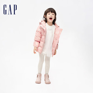 Gap女幼冬季2023洋气印花绗缝连帽羽绒服837116儿童装外套 淡粉色 90cm(1-2岁)亚洲尺码