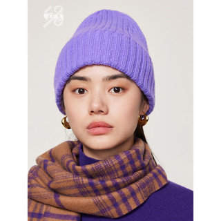 鄂尔多斯1980抗静电 粗纺羊绒抽条针织女帽保暖护耳帽 紫水晶 50cm