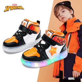 迪士尼童鞋男童漫威冬季加绒灯鞋高帮运动鞋儿童发光板鞋DM2621橙色31码