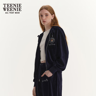 Teenie Weenie小熊冬宽松短款丝绒连帽开衫卫衣保暖女 藏青色 165/M