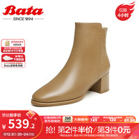 Bata时装靴女商场羊皮通勤百搭粗跟短筒靴ANL54DD3 棕色 37