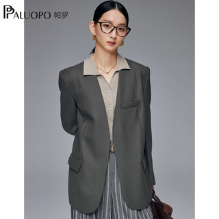 帕罗（PALUOPO）女士V纯羊毛短外套冬中式西装上衣保暖气质 23298 浅灰 S