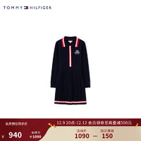 TOMMY HILFIGER童装女撞色刺绣POLO领百褶针织连衣裙TH2332039 深蓝色002 4/110cm