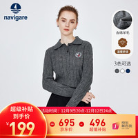 Navigare意大利小帆船羊毛衫女士翻领毛衣保暖刺绣打底衫 暗岩灰 M/48