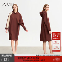 AMII2023冬连帽拉毛薄绒撞色两穿袖口连衣裙女宽松卫衣裙子 深咖 160/84A/M