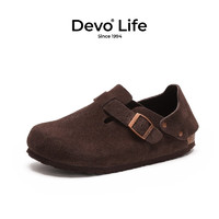 Devo 的沃 Life的沃软木鞋女休闲两穿平底圆头套脚舒适女单鞋56144 深棕反绒皮 37