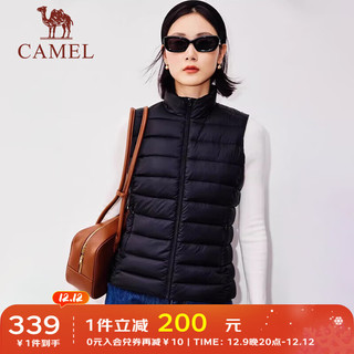 骆驼 CAMEL羽绒服马甲女冬轻薄鹅绒保暖户外休闲马夹时尚短款外套 TE3XYR009，幻影黑，女 M