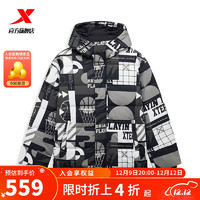 特步门店同款羽绒服连帽满印保暖外套夹克977429190772 正黑色 XL