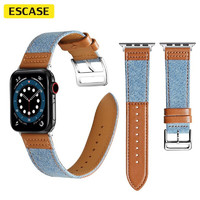 ESCASE 苹果手表表带 iwatch拼皮撞色真皮表带适用Apple watchS9/ultra2/8/7/6/5代38/40/41mm牛仔浅蓝