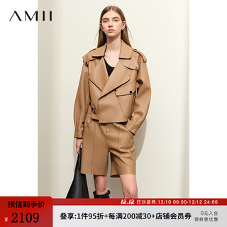 AMII复古酷帅军旅风羊皮革皮衣女高级感上衣短款外套 驼色 155/80A/S