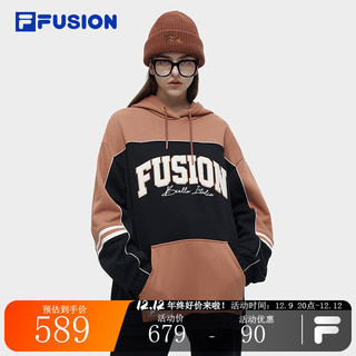 FILA FUSION欧阳娜娜同款女子针织连帽上衣2023冬宽松撞色卫衣 正黑色-BK 155/76A/XS