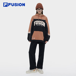 FILA FUSION欧阳娜娜同款女子针织连帽上衣2023冬宽松撞色卫衣 正黑色-BK 155/76A/XS