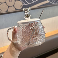 SOTIME 玻璃杯 锤纹矮杯男女带把家用杯子 锤纹杯+小熊盖子+勺子250ml