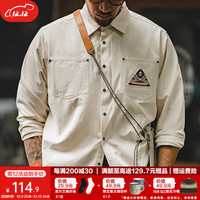 马登工装 美式复古长袖衬衫男印第安图腾拼接口袋叠穿纯棉衬衣秋 米白色 XL