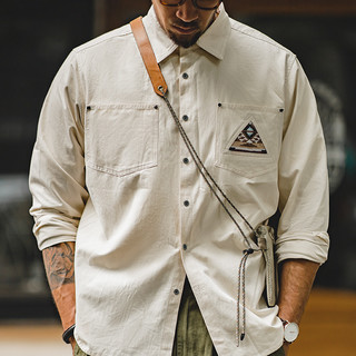 马登工装 美式复古长袖衬衫男印第安图腾拼接口袋叠穿纯棉衬衣秋 米白色 XL