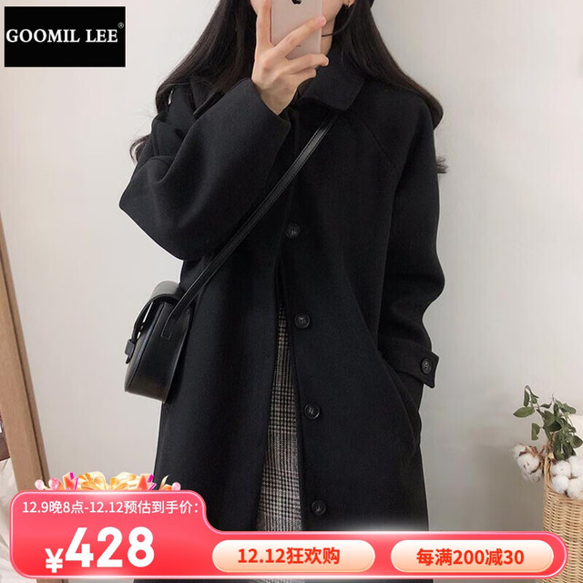 GOOMIL LEE 赫本风毛呢外套女秋冬季新款黑色中长款呢子大衣加厚小个子 黑色 M