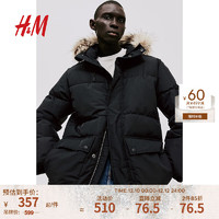 H&M冬季男装标准版型疏水夹棉派克大衣1183117 黑色 180/116A