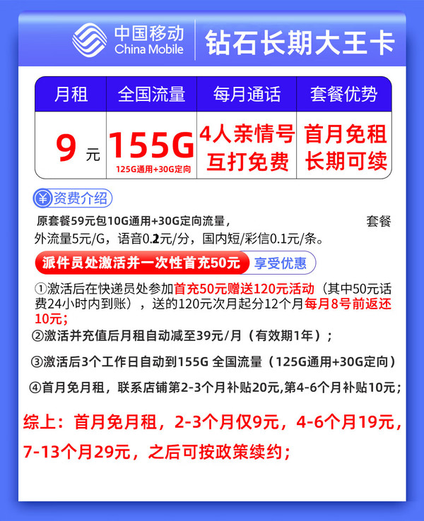 China Mobile 中国移动 钻石大王卡 9元月租（2-3月9元，155G全国流量+3个亲情号免费互打）送20元E卡