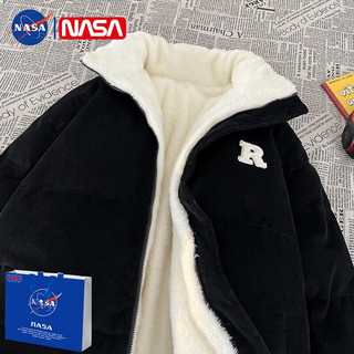 NASA PONY 情侣款双面穿棉服冬季新款羊羔绒棉衣灯芯绒加绒加厚外套 MY9075黑色 M